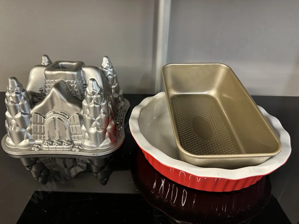 Nordic Ware Hansel & Gretel Fairy Tale Cottage Cake Pan, Stevens Quiche Dish & Loaf Tin. Image 1++