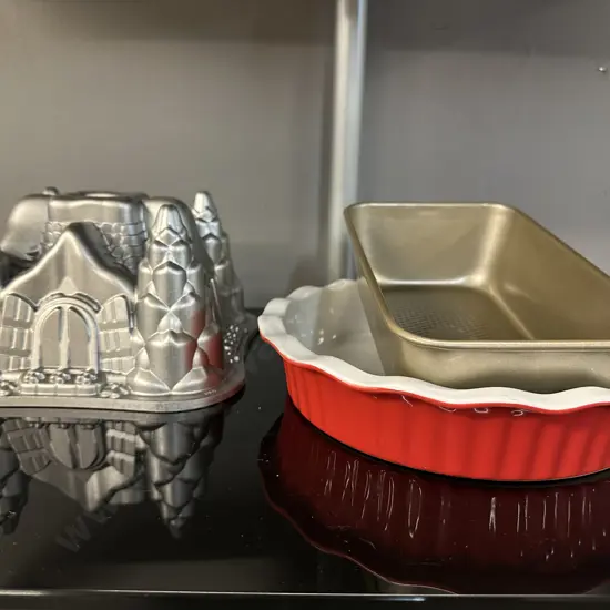 Nordic Ware Hansel & Gretel Fairy Tale Cottage Cake Pan, Stevens Quiche Dish & Loaf Tin.