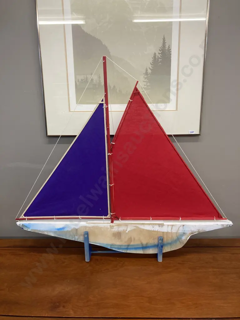 Stars + Stripes Handmade Wooden Half Hull Freestanding Sail Boat Model, White / Red / Purple. 74 x 81cm Image 1++