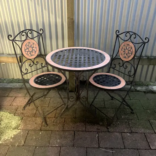 Mosaic 3 Piece Garden Set With Inset Tiles, Folding Chairs. 72 x 60cm