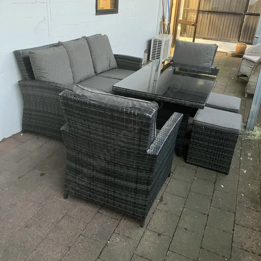 PE Wicker Outdoor Lounge Dining Set, 7 Seater, Smoked Glass Top Table, H70 W145 D85cm (1 Chair As Found) Image 1++