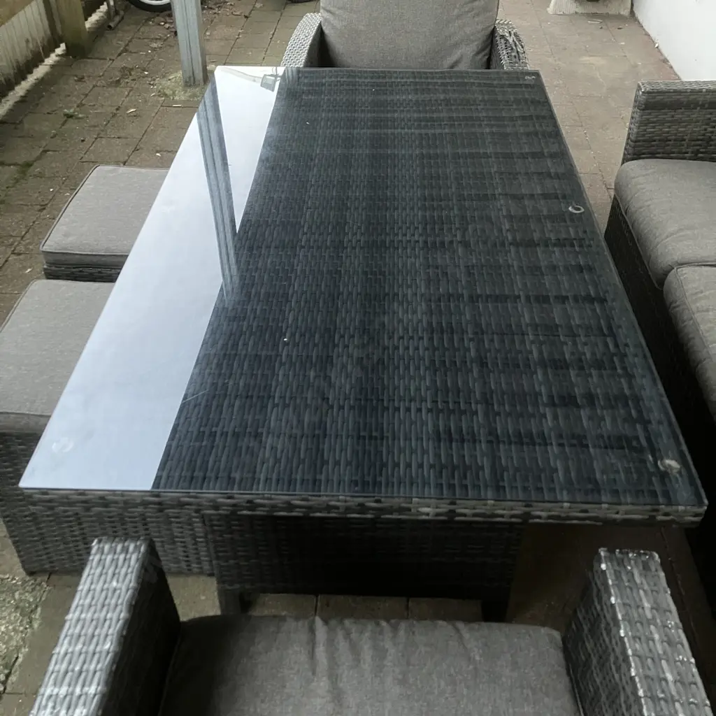 PE Wicker Outdoor Lounge Dining Set, 7 Seater, Smoked Glass Top Table, H70 W145 D85cm (1 Chair As Found) Image 1++