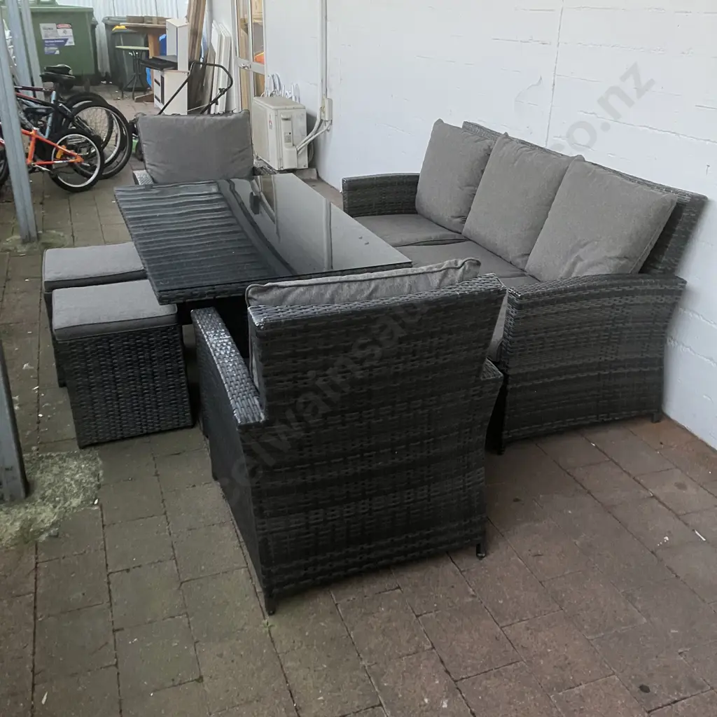 PE Wicker Outdoor Lounge Dining Set, 7 Seater, Smoked Glass Top Table, H70 W145 D85cm (1 Chair As Found) Image 1++