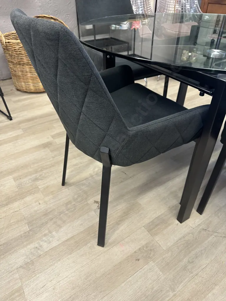 Round Clear Glass Table With Black Undershelf, Black Powder Coated Base 75x120cm & 4 Charcoal Luna Carver Dining Chairs Image 1++