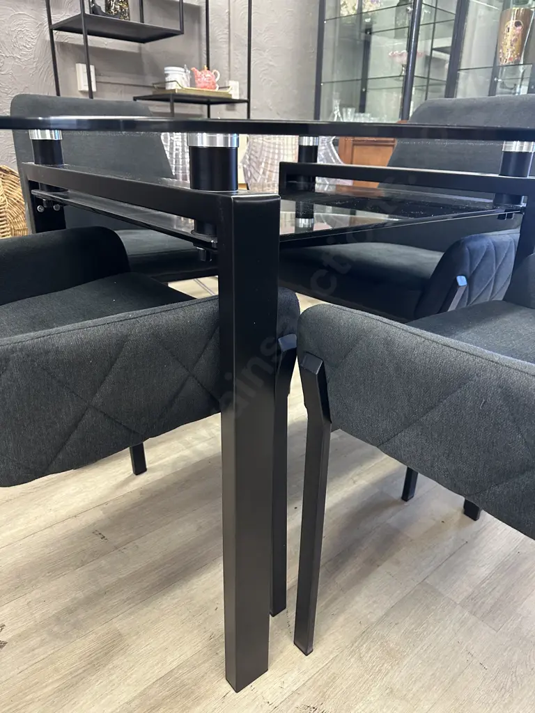 Round Clear Glass Table With Black Undershelf, Black Powder Coated Base 75x120cm & 4 Charcoal Luna Carver Dining Chairs Image 1++