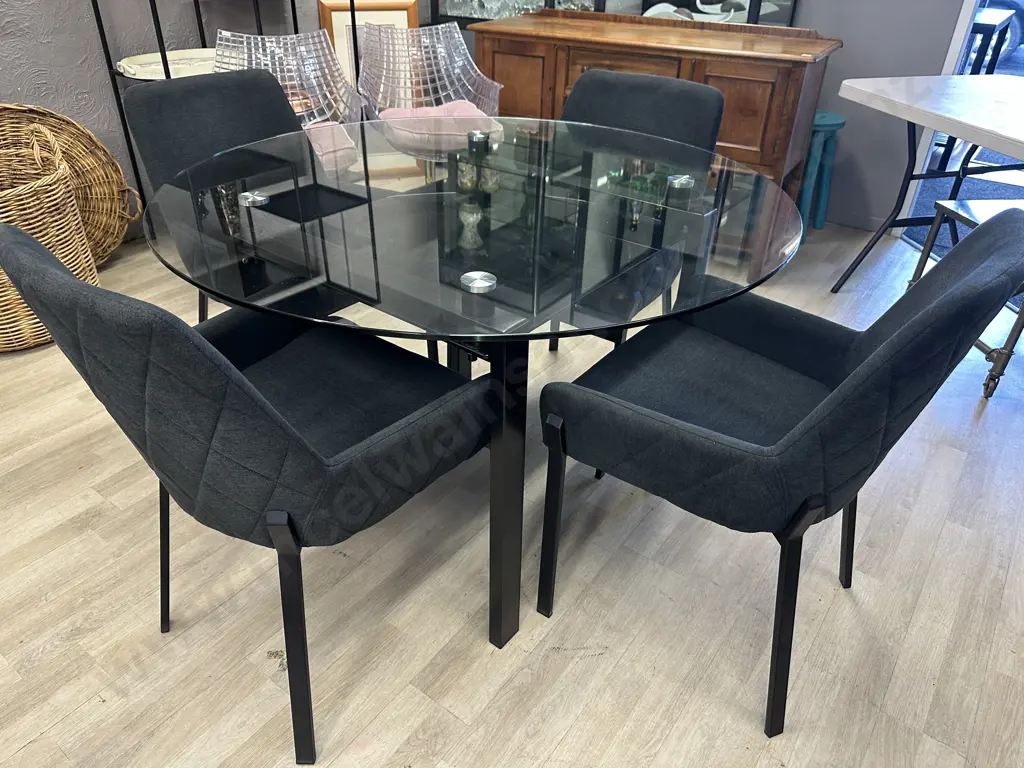 Round Clear Glass Table With Black Undershelf, Black Powder Coated Base 75x120cm & 4 Charcoal Luna Carver Dining Chairs Image 1++