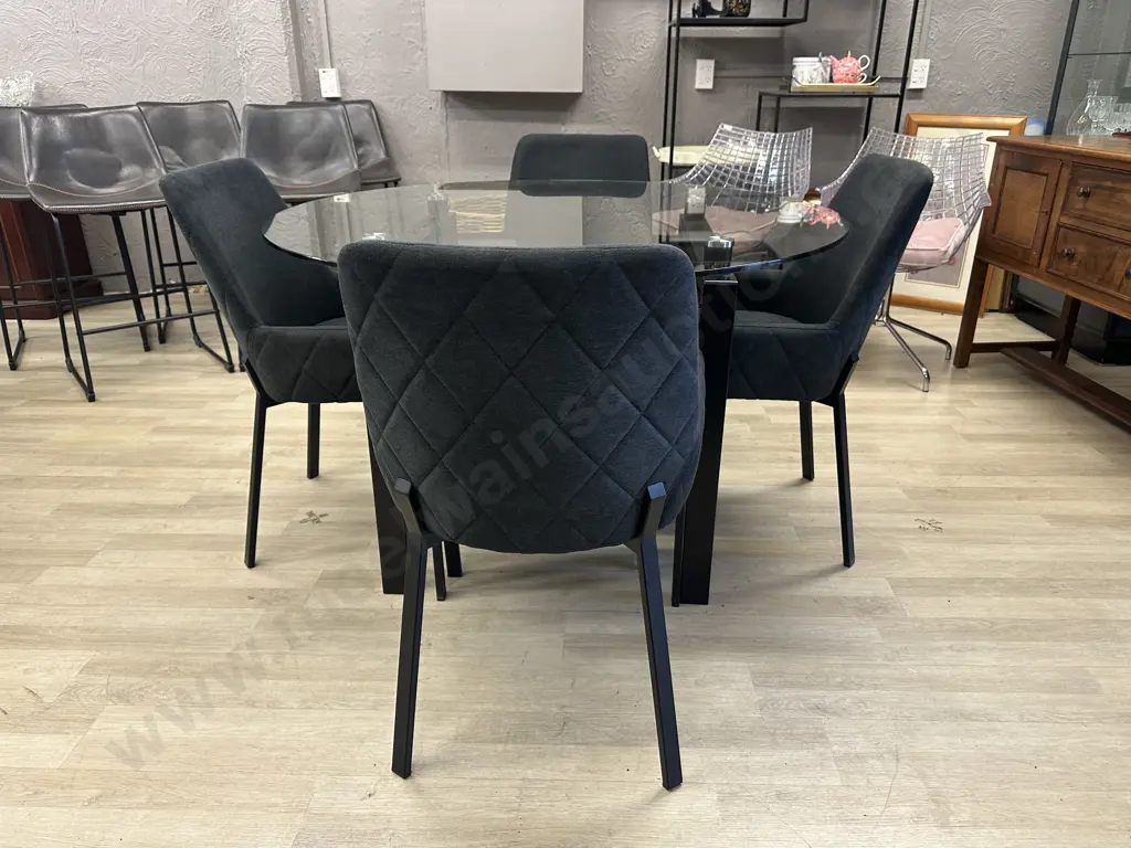Round Clear Glass Table With Black Undershelf, Black Powder Coated Base 75x120cm & 4 Charcoal Luna Carver Dining Chairs Image 1++