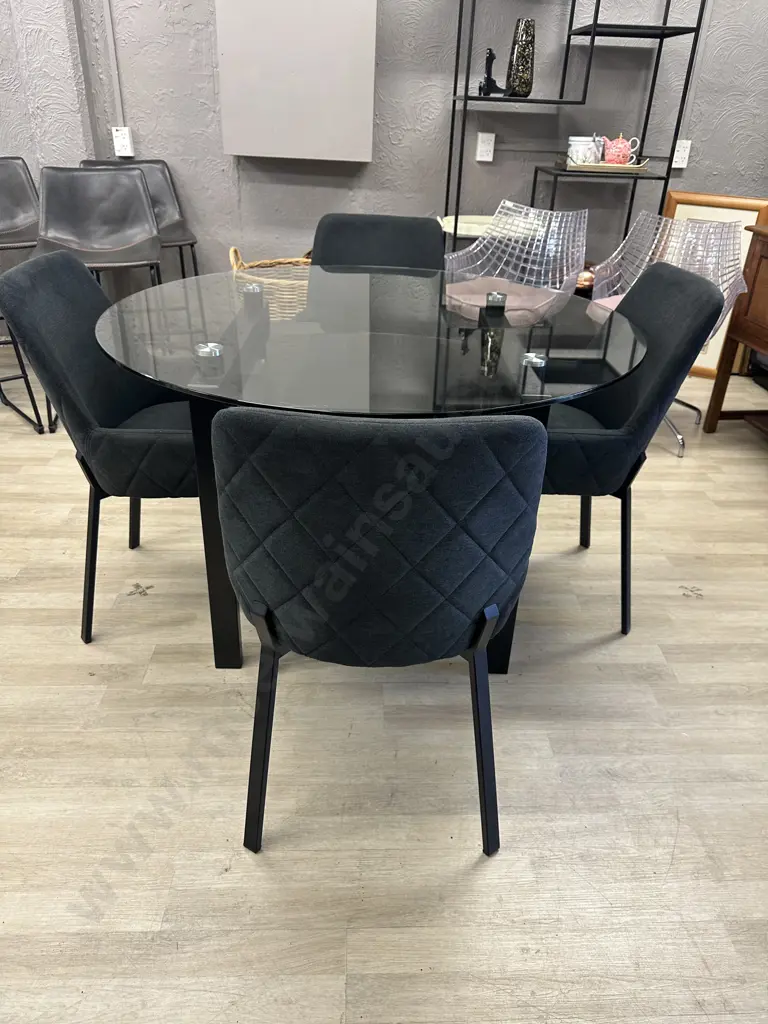 Round Clear Glass Table With Black Undershelf, Black Powder Coated Base 75x120cm & 4 Charcoal Luna Carver Dining Chairs Image 1++