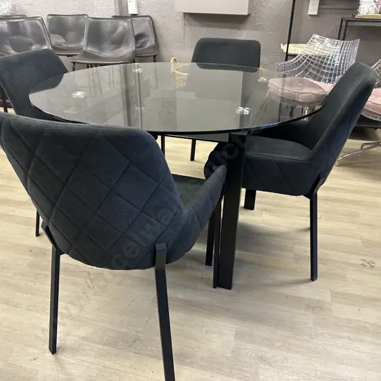 Round Clear Glass Table With Black Undershelf, Black Powder Coated Base 75x120cm & 4 Charcoal Luna Carver Dining Chairs
