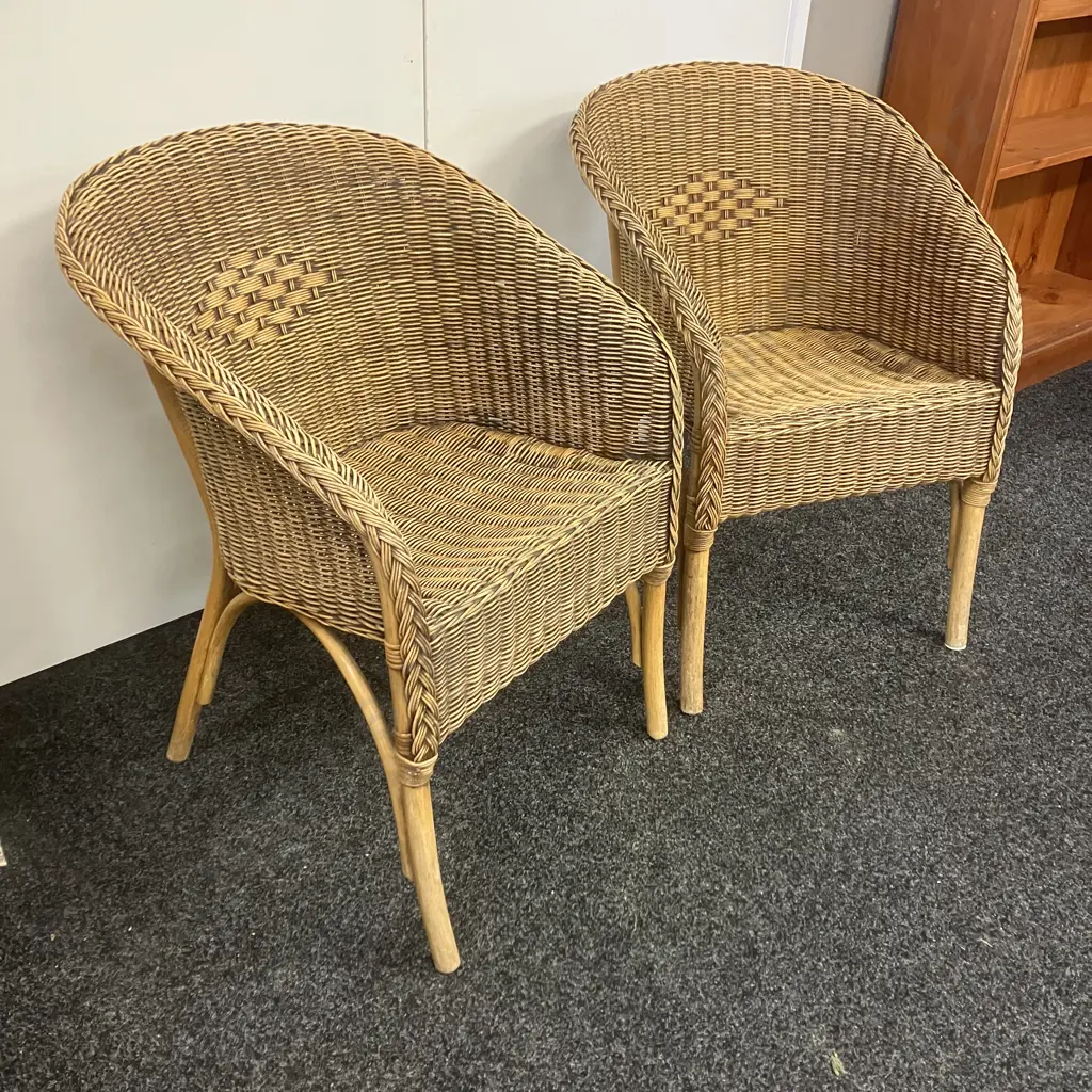 Pair of Vintage Woven Rattan & Cane Tub Chairs Image 1++