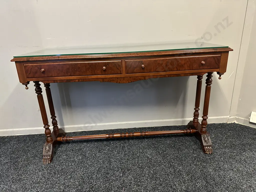 Mahogany & Burr French Style Console Table With Stretcher, Ornate Detail, Two Drawer & Glass Top H73,W121,D43cm. Image 1++