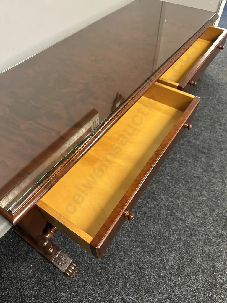 Mahogany & Burr French Style Console Table With Stretcher, Ornate Detail, Two Drawer & Glass Top H73,W121,D43cm. Image 1++
