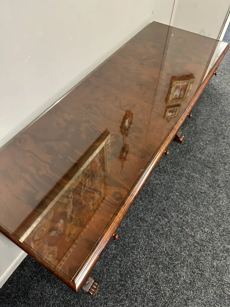 Mahogany & Burr French Style Console Table With Stretcher, Ornate Detail, Two Drawer & Glass Top H73,W121,D43cm. Image 1++
