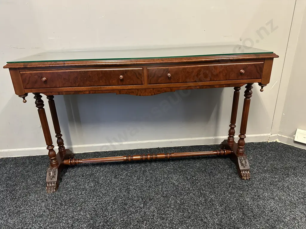 Mahogany & Burr French Style Console Table With Stretcher, Ornate Detail, Two Drawer & Glass Top H73,W121,D43cm. Image 1++