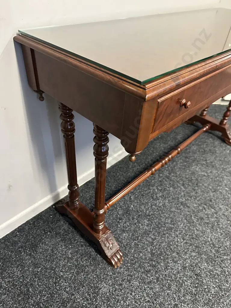 Mahogany & Burr French Style Console Table With Stretcher, Ornate Detail, Two Drawer & Glass Top H73,W121,D43cm. Image 1++