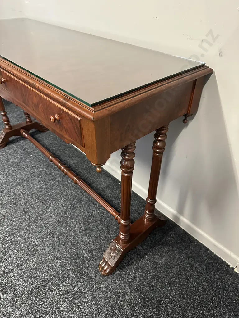 Mahogany & Burr French Style Console Table With Stretcher, Ornate Detail, Two Drawer & Glass Top H73,W121,D43cm. Image 1++