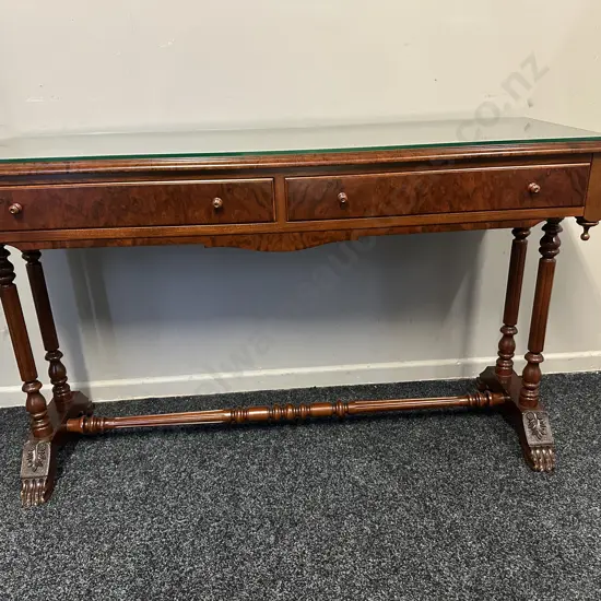 Mahogany & Burr French Style Console Table With Stretcher, Ornate Detail, Two Drawer & Glass Top H73,W121,D43cm.