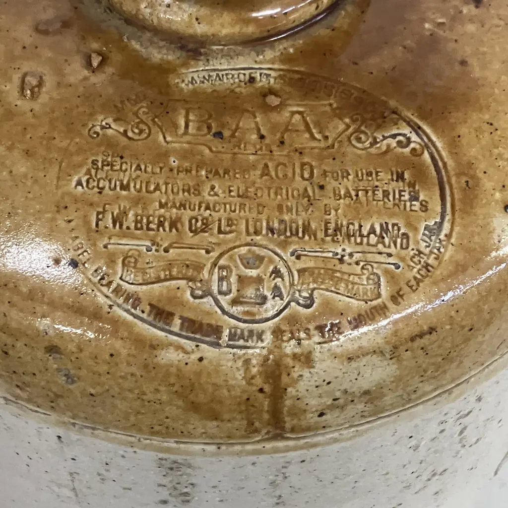 B.A.A Stoneware Battery Acid Jar With Screw Top & Side Handle. Impressed Details. 35 x 24cm Image 1++