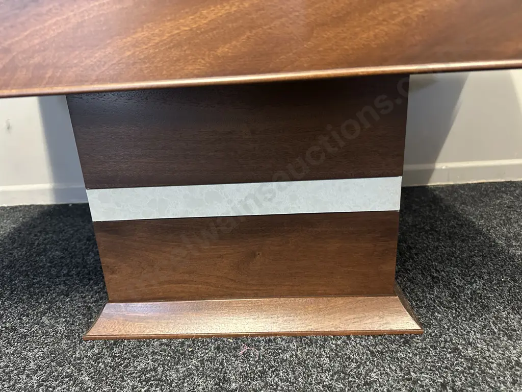 Rectangular Mahogany Coffee Table With Cream Marble Look Detail, Two Drawer On Pedestal Base Glass Top. H46,W120,D70cm. Image 1++