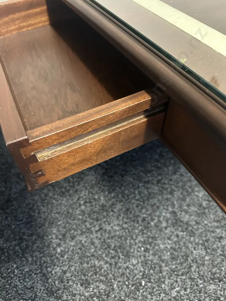 Rectangular Mahogany Coffee Table With Cream Marble Look Detail, Two Drawer On Pedestal Base Glass Top. H46,W120,D70cm. Image 1++