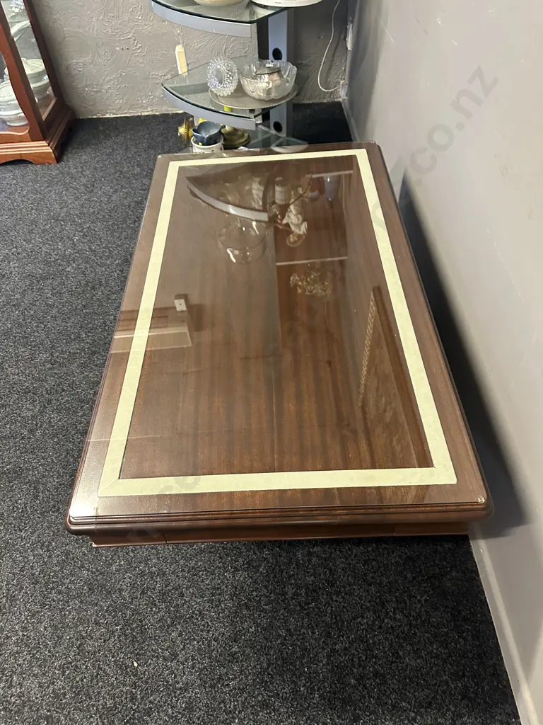 Rectangular Mahogany Coffee Table With Cream Marble Look Detail, Two Drawer On Pedestal Base Glass Top. H46,W120,D70cm. Image 1++
