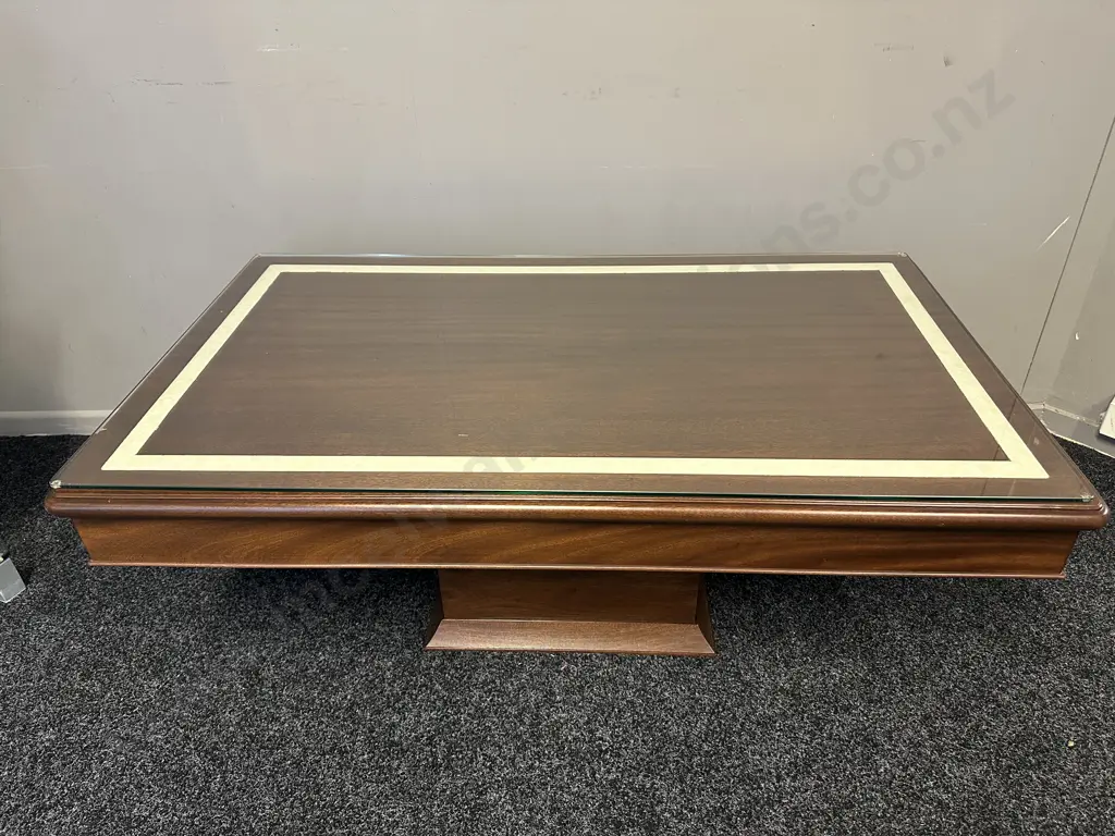 Rectangular Mahogany Coffee Table With Cream Marble Look Detail, Two Drawer On Pedestal Base Glass Top. H46,W120,D70cm. Image 1++