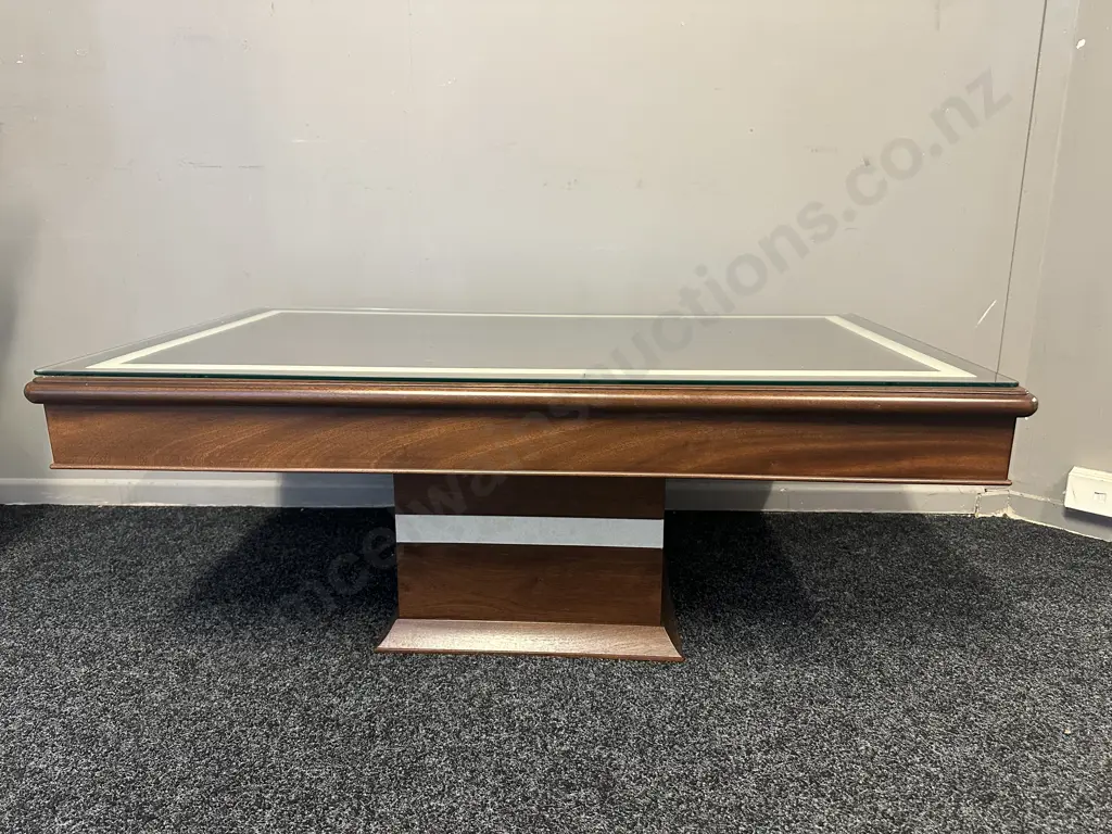 Rectangular Mahogany Coffee Table With Cream Marble Look Detail, Two Drawer On Pedestal Base Glass Top. H46,W120,D70cm. Image 1++