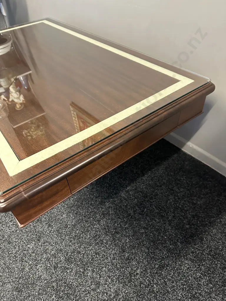 Rectangular Mahogany Coffee Table With Cream Marble Look Detail, Two Drawer On Pedestal Base Glass Top. H46,W120,D70cm. Image 1++