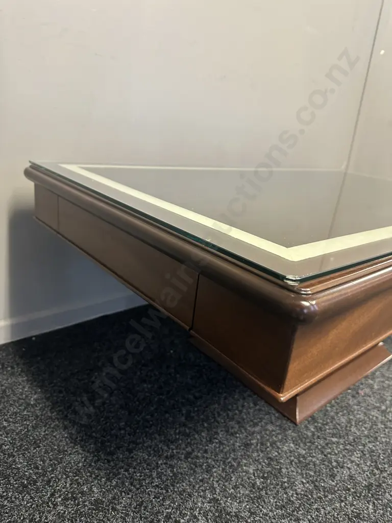 Rectangular Mahogany Coffee Table With Cream Marble Look Detail, Two Drawer On Pedestal Base Glass Top. H46,W120,D70cm. Image 1++