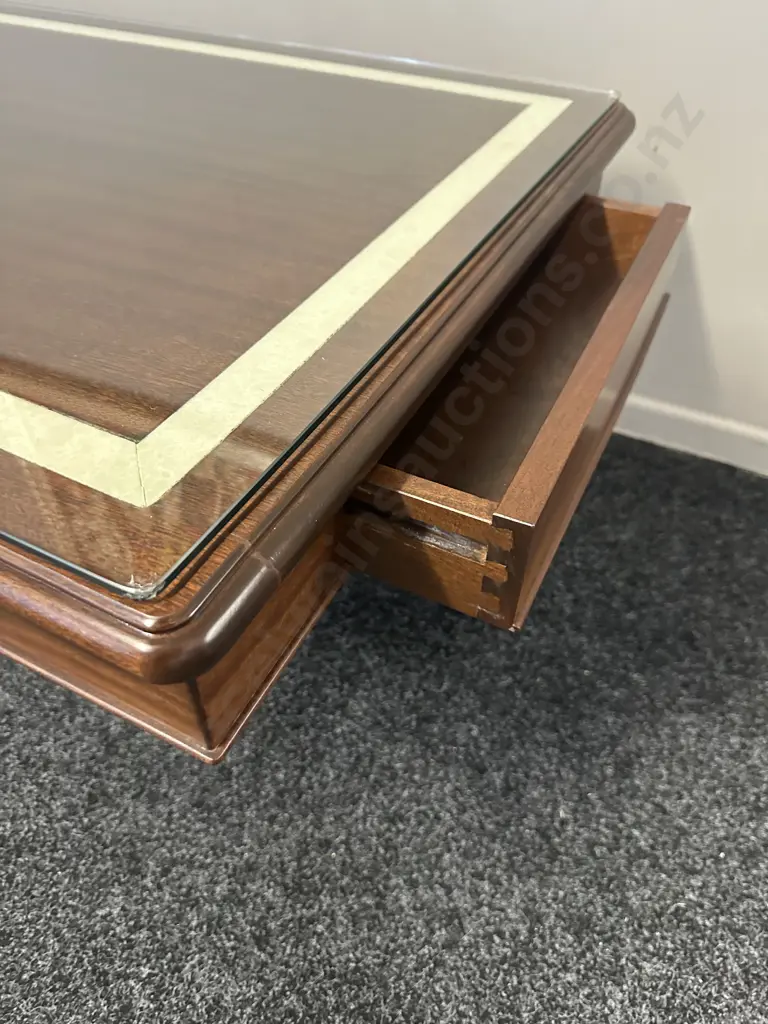 Rectangular Mahogany Coffee Table With Cream Marble Look Detail, Two Drawer On Pedestal Base Glass Top. H46,W120,D70cm. Image 1++