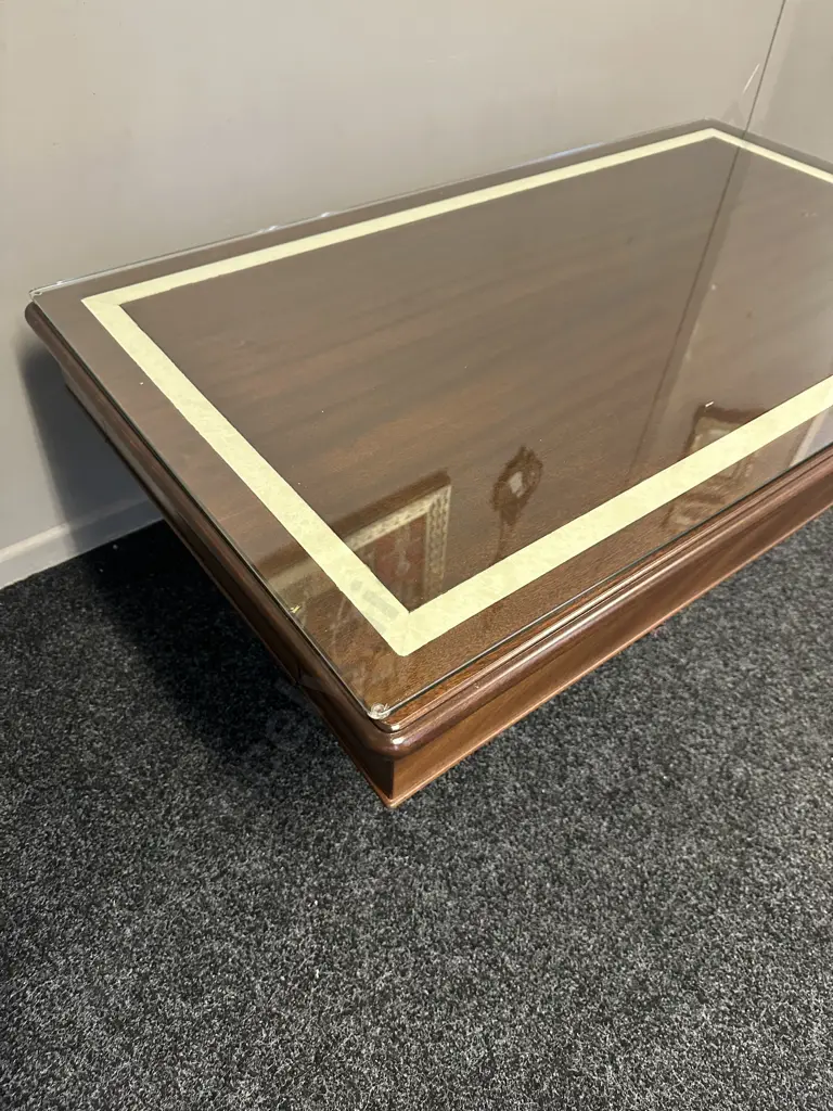 Rectangular Mahogany Coffee Table With Cream Marble Look Detail, Two Drawer On Pedestal Base Glass Top. H46,W120,D70cm. Image 1++