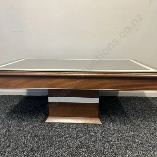 Rectangular Mahogany Coffee Table With Cream Marble Look Detail, Two Drawer On Pedestal Base Glass Top. H46,W120,D70cm.