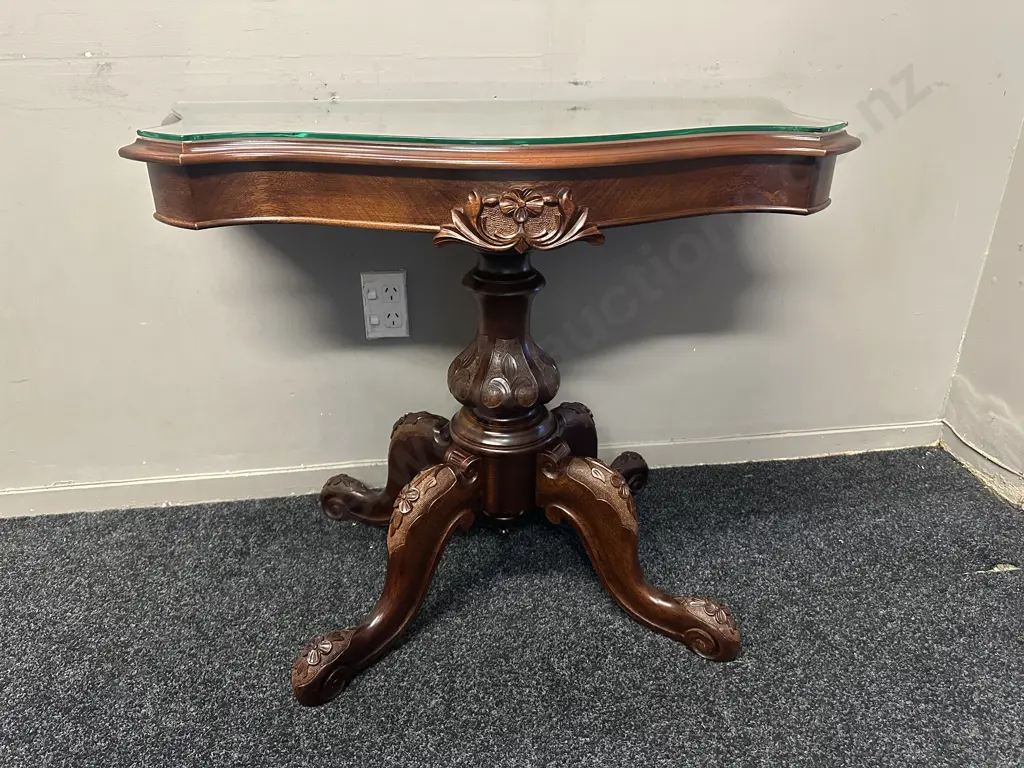 Quality Mahogany Hall Table Curved Front, Heavily Carved Ornate Detail With Glass Top H70,W92,D45cm.(af to glass)   Image 1++