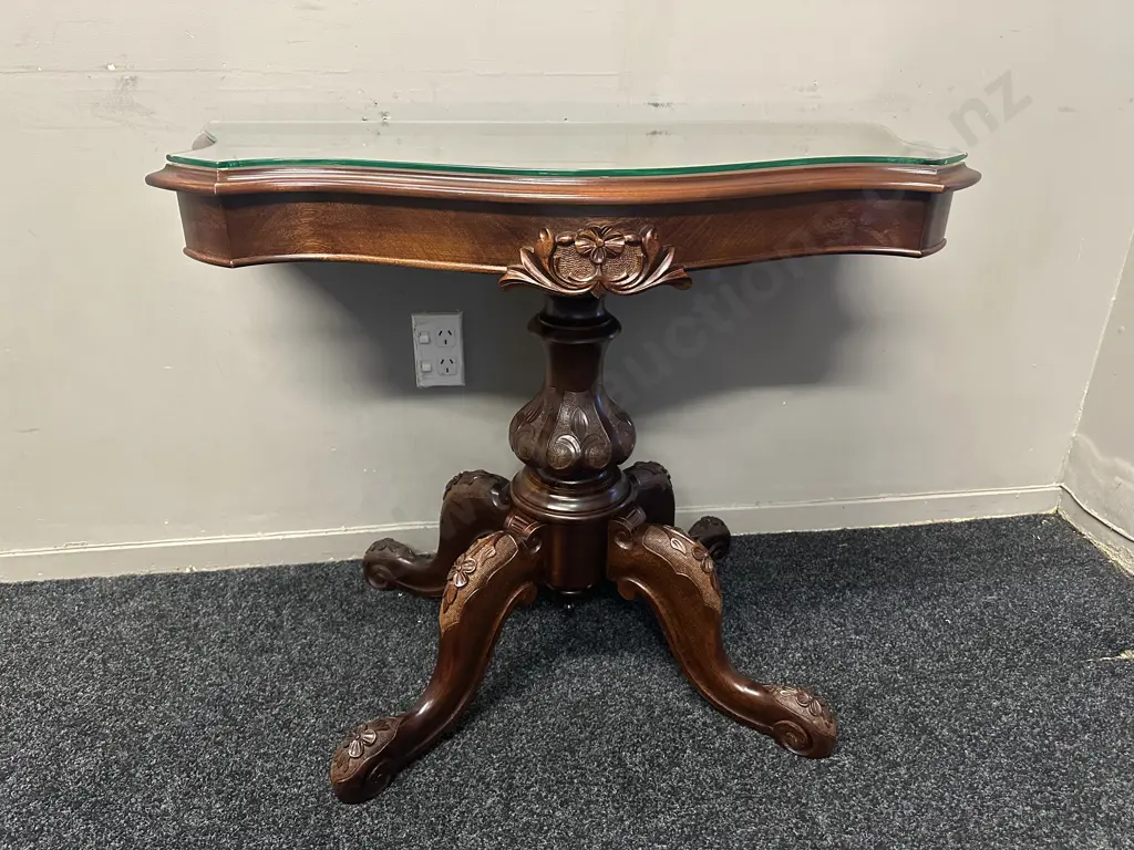 Quality Mahogany Hall Table Curved Front, Heavily Carved Ornate Detail With Glass Top H70,W92,D45cm.(af to glass)   Image 1++