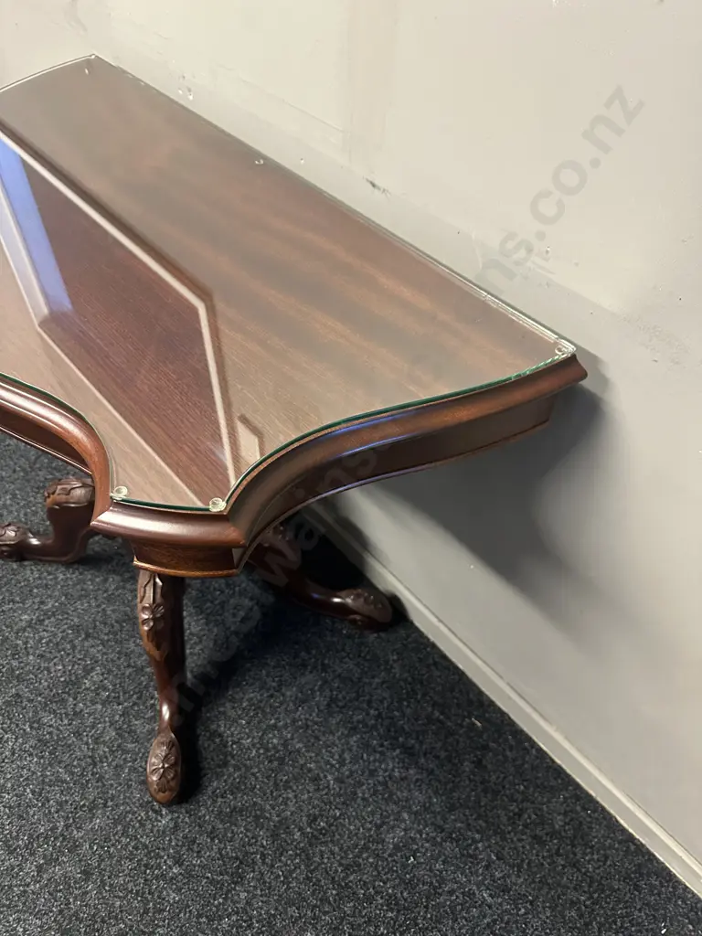 Quality Mahogany Hall Table Curved Front, Heavily Carved Ornate Detail With Glass Top H70,W92,D45cm.(af to glass)   Image 1++