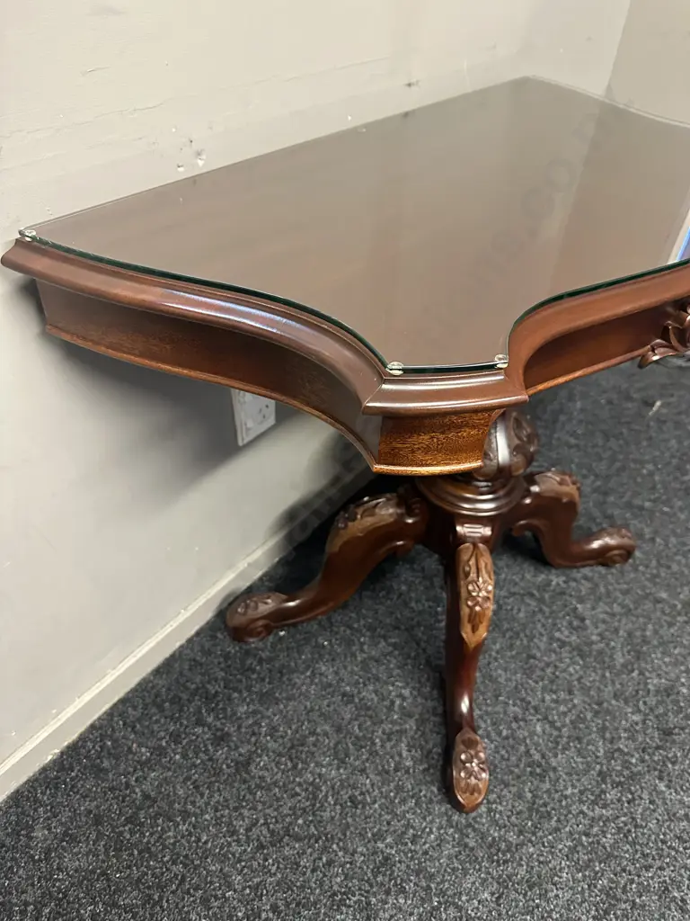 Quality Mahogany Hall Table Curved Front, Heavily Carved Ornate Detail With Glass Top H70,W92,D45cm.(af to glass)   Image 1++