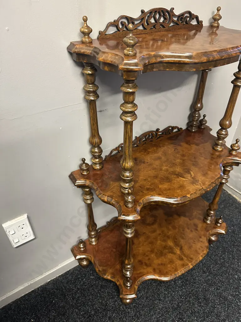 Victorian Style Quality Burr Walnut Whatnot Three Tier Ornate Detail H94,W70,D33cm. Image 1++