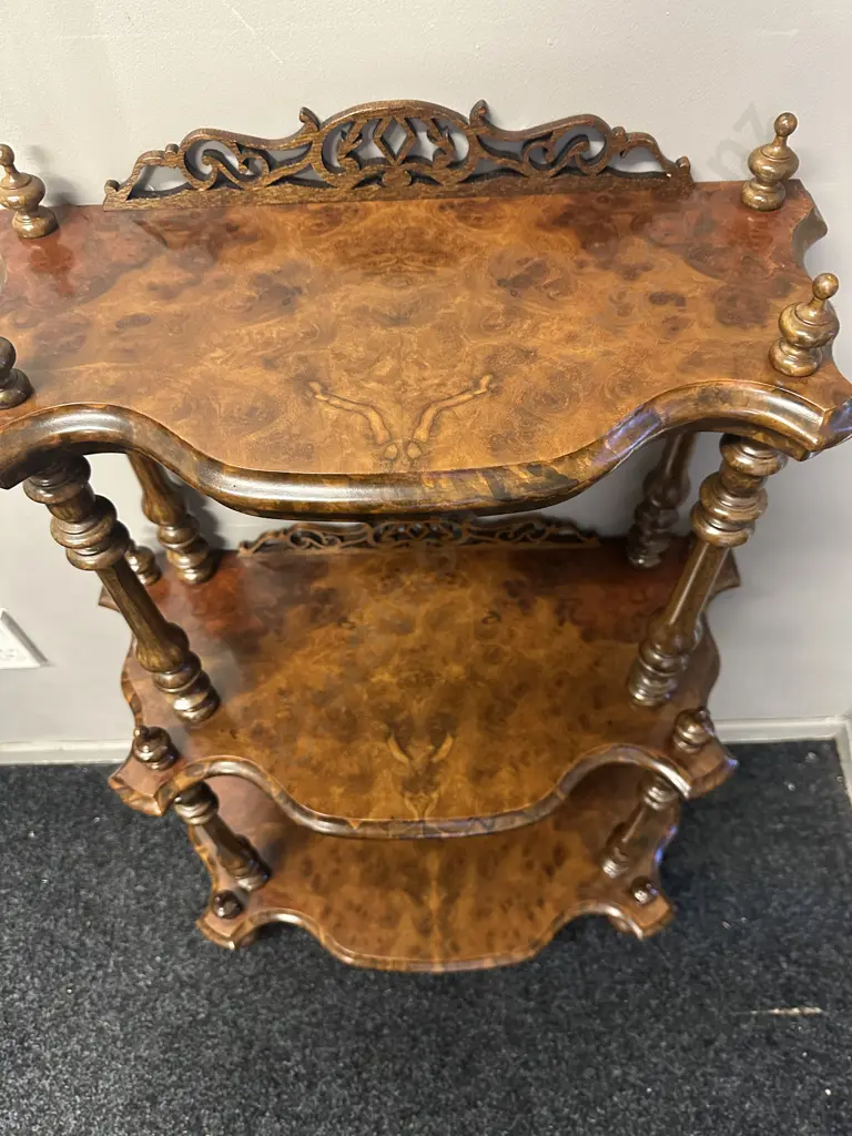 Victorian Style Quality Burr Walnut Whatnot Three Tier Ornate Detail H94,W70,D33cm. Image 1++