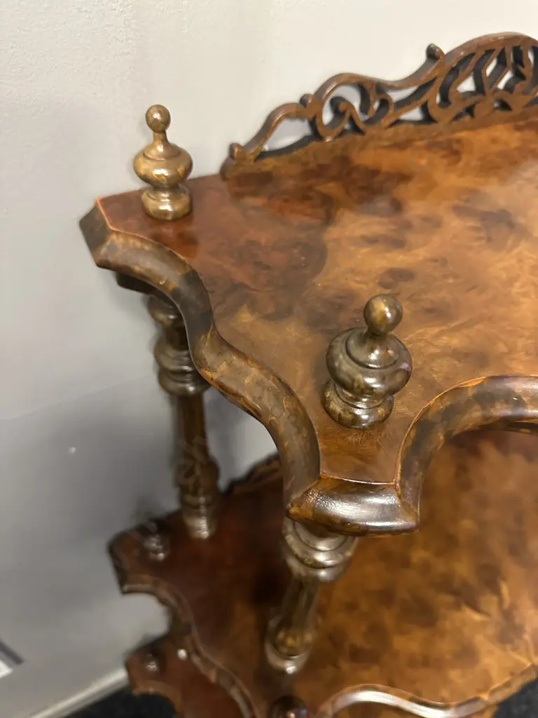 Victorian Style Quality Burr Walnut Whatnot Three Tier Ornate Detail H94,W70,D33cm. Image 1++