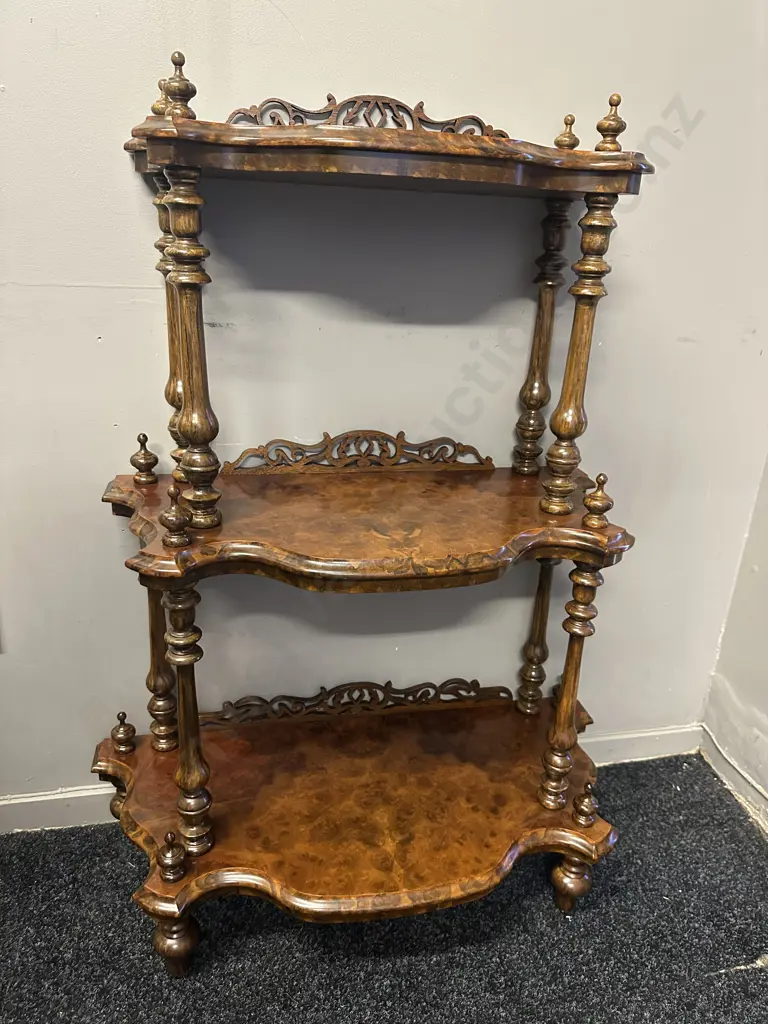 Victorian Style Quality Burr Walnut Whatnot Three Tier Ornate Detail H94,W70,D33cm. Image 1++