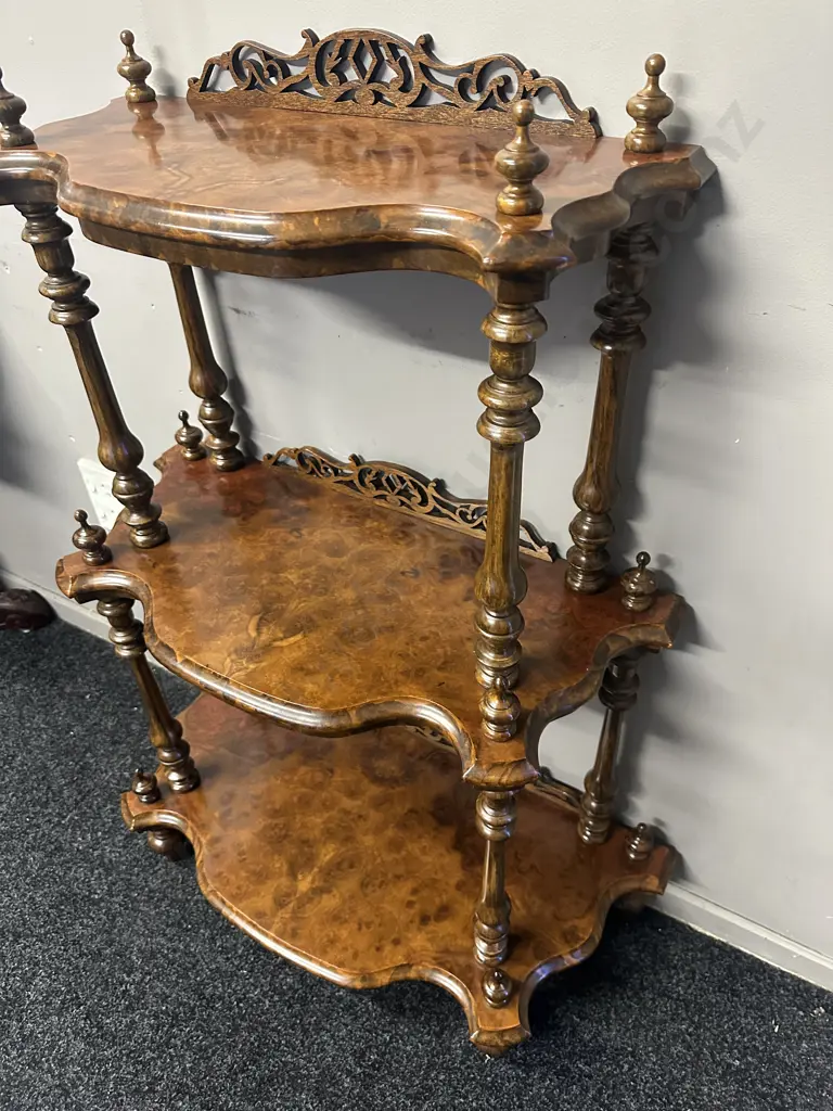 Victorian Style Quality Burr Walnut Whatnot Three Tier Ornate Detail H94,W70,D33cm. Image 1++
