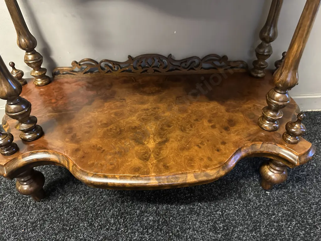 Victorian Style Quality Burr Walnut Whatnot Three Tier Ornate Detail H94,W70,D33cm. Image 1++