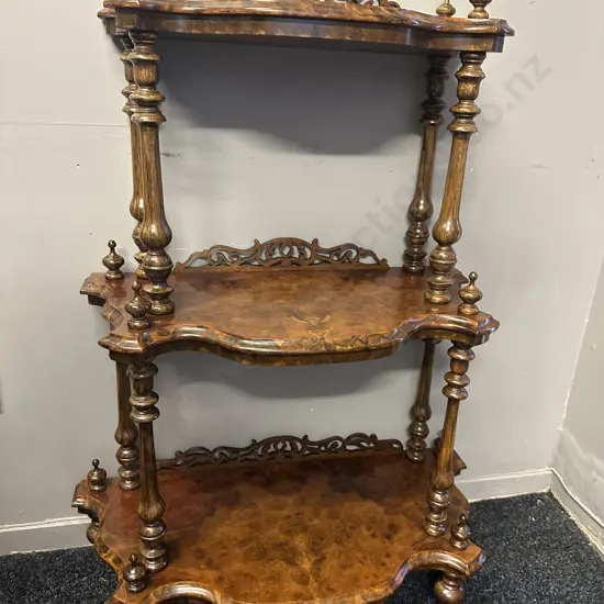 Victorian Style Quality Burr Walnut Whatnot Three Tier Ornate Detail H94,W70,D33cm.