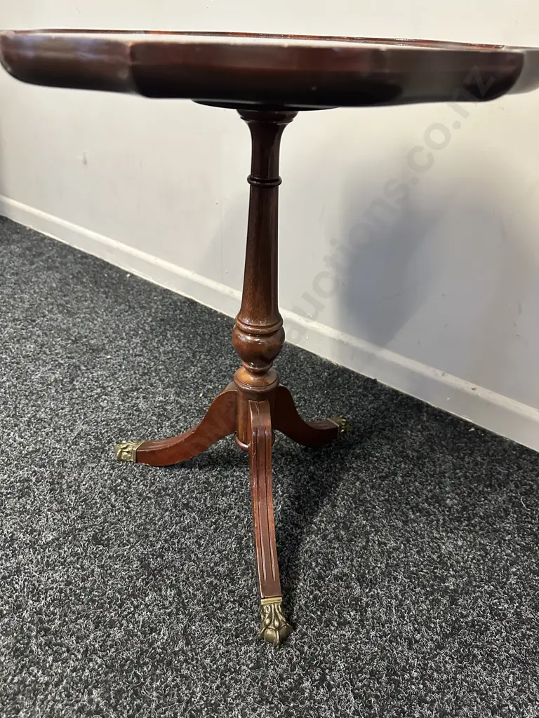 Mahogany Round Tri Legged Wine Table With Scalloped Edge, Brass Claw Feet & Glass Top H51,Dia41cm. Image 1++