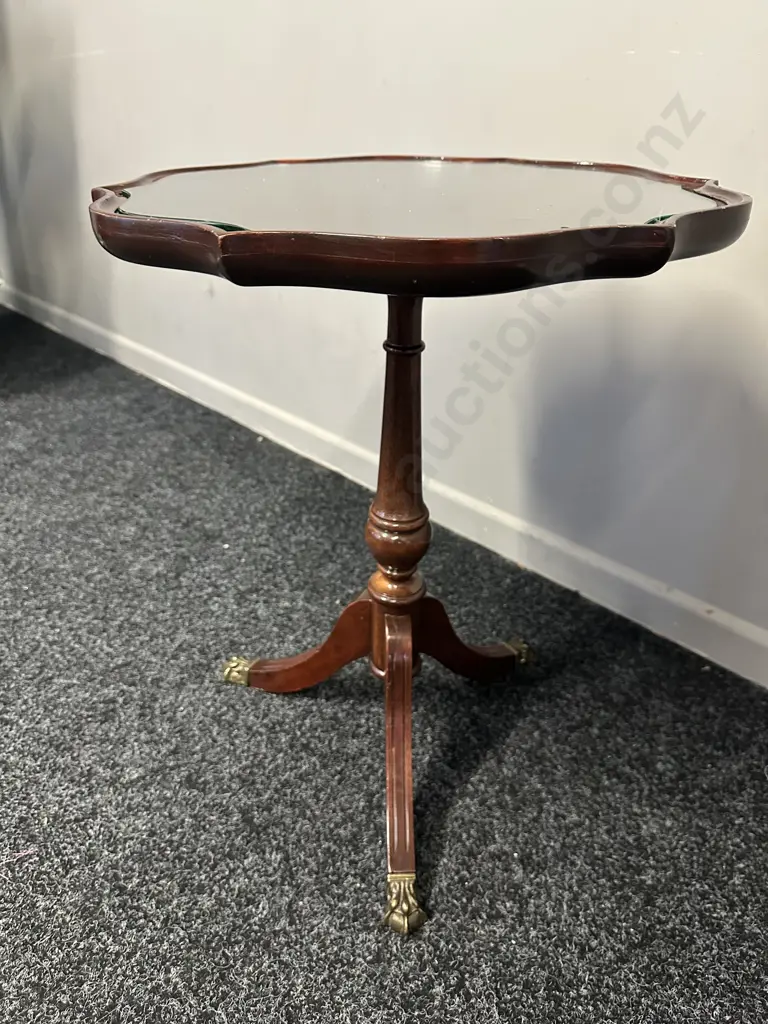 Mahogany Round Tri Legged Wine Table With Scalloped Edge, Brass Claw Feet & Glass Top H51,Dia41cm. Image 1++
