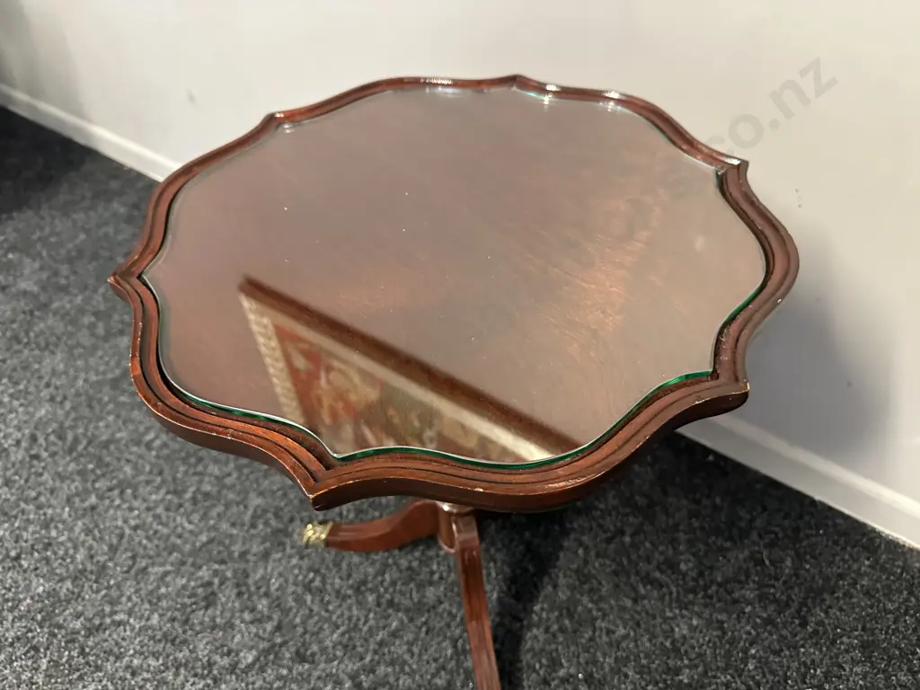 Mahogany Round Tri Legged Wine Table With Scalloped Edge, Brass Claw Feet & Glass Top H51,Dia41cm. Image 1++