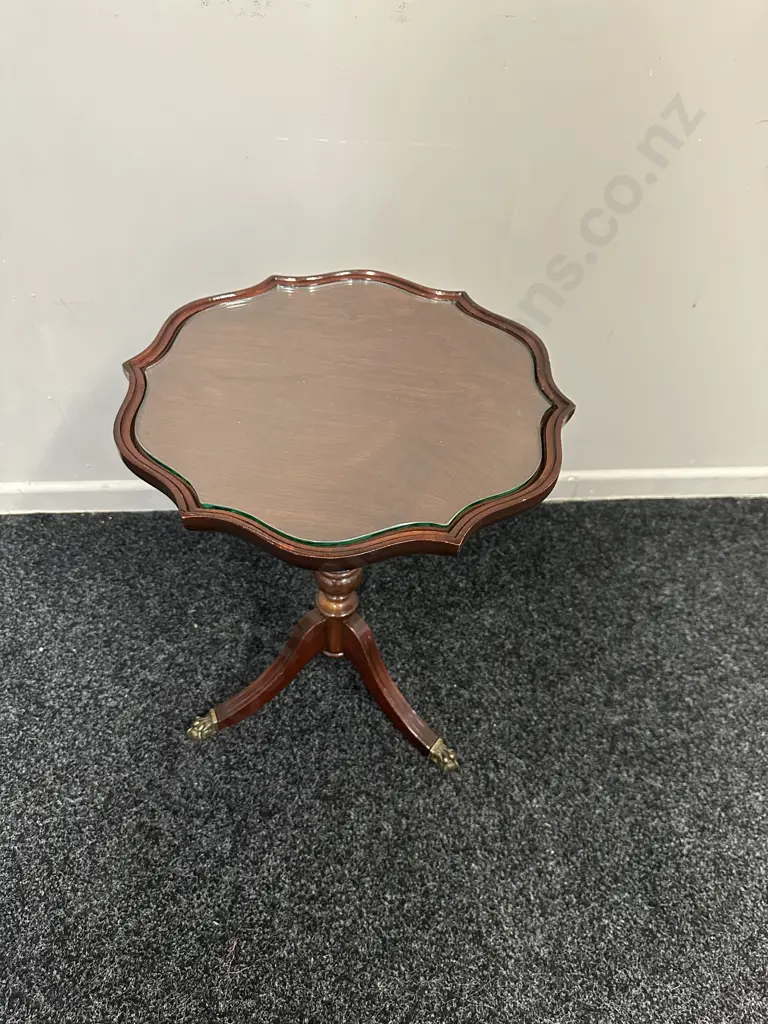Mahogany Round Tri Legged Wine Table With Scalloped Edge, Brass Claw Feet & Glass Top H51,Dia41cm. Image 1++