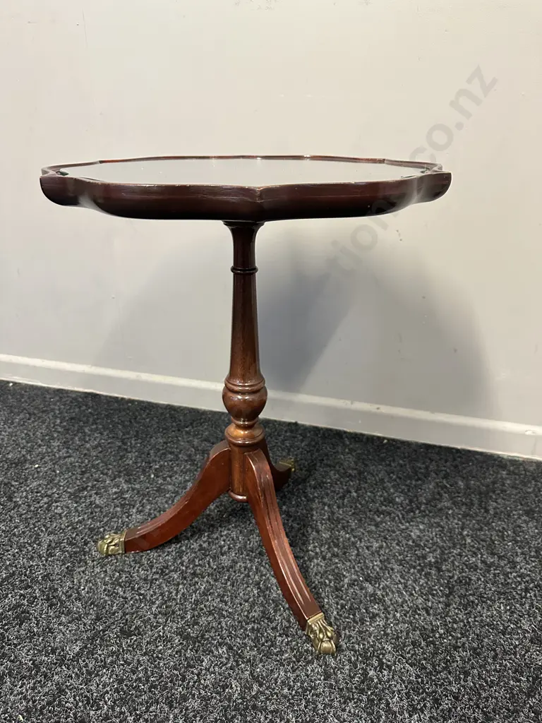 Mahogany Round Tri Legged Wine Table With Scalloped Edge, Brass Claw Feet & Glass Top H51,Dia41cm. Image 1++