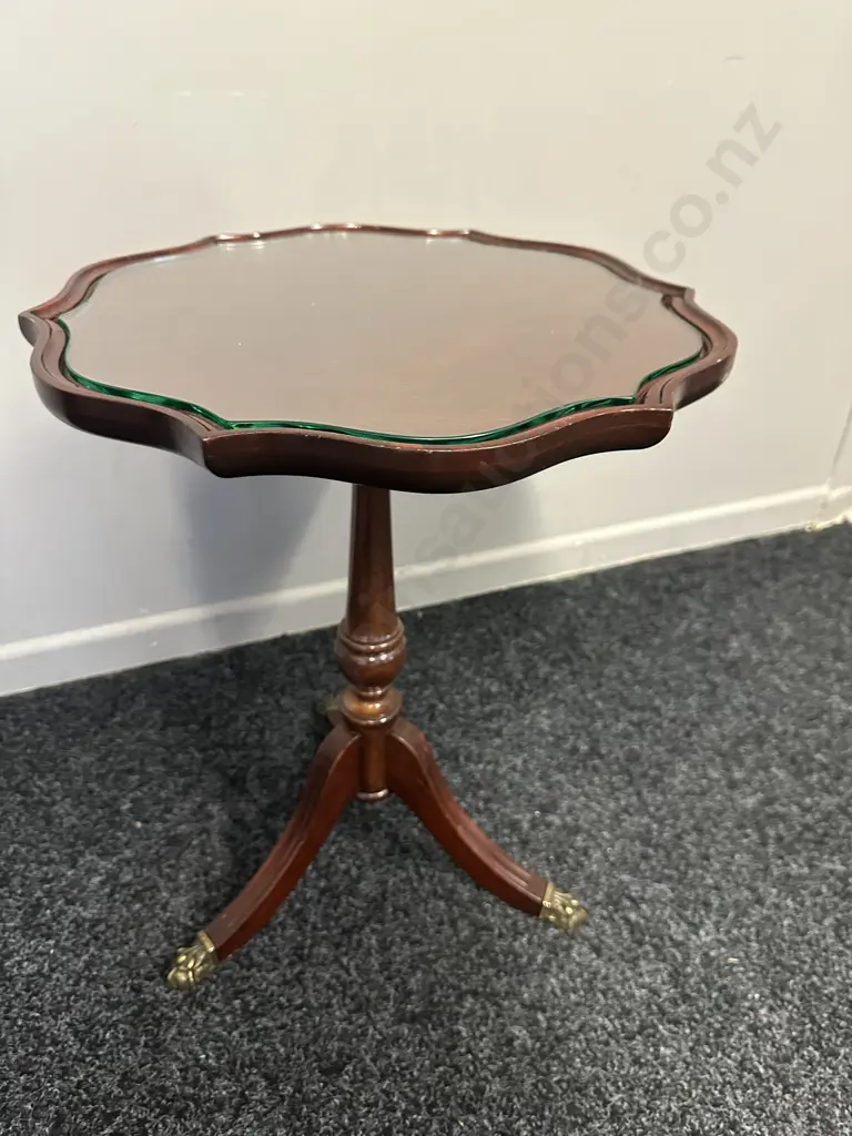 Mahogany Round Tri Legged Wine Table With Scalloped Edge, Brass Claw Feet & Glass Top H51,Dia41cm. Image 1++