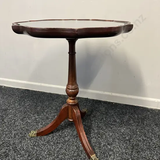 Mahogany Round Tri Legged Wine Table With Scalloped Edge, Brass Claw Feet & Glass Top H51,Dia41cm.